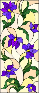 Vitray iç içe soyut mor çiçekler ve yapraklar sarı bir arka plan ile tarzı çizimi