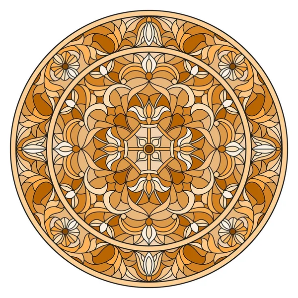 Illustration in stained glass style, round mirror image with floral ornaments and swirls,brown tone ,sepia — Stock Vector