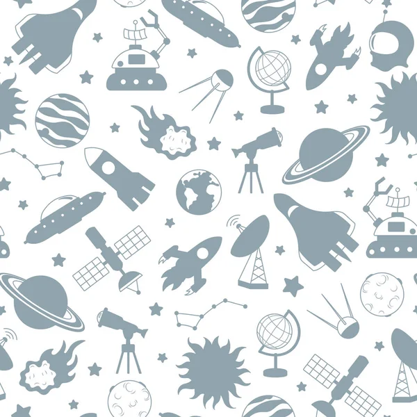 Padrão sem costura sobre o tema da viagem espacial e espacial, silhuetas cinzentas ícones em um fundo branco — Vetor de Stock