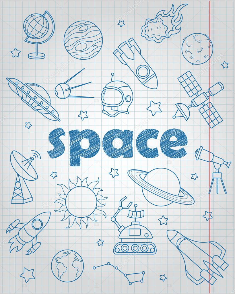 Set of contour icons on the subject of space flight and astronomy, blue  contour  icons on the  writing-book sheet in a cage