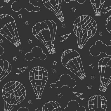 Balonlar, bulutlar, kuşlar ve yıldız ile sorunsuz arka plan, beyaz koyu arka plan üzerinde kıvrımlarına.