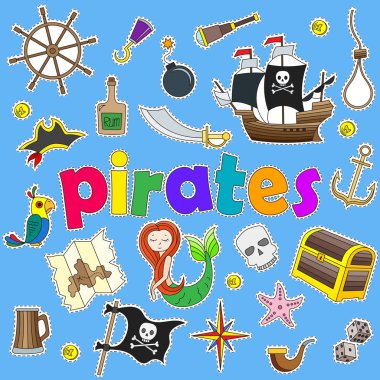 Korsanlık ve Denizcilik, boyalı simgeler yamalar mavi bir arka plan üzerinde bir konu kontur simgeler kümesi