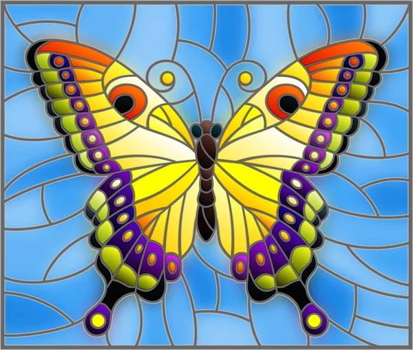 Ilustración en estilo vitral con mariposa de color amarillo brillante sobre fondo azul — Vector de stock