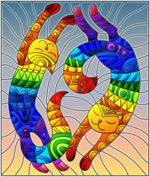 Ilustración en estilo vitral con un par de gatos arcoíris geométricos abstractos sobre un fondo celeste — Archivo Imágenes Vectoriales