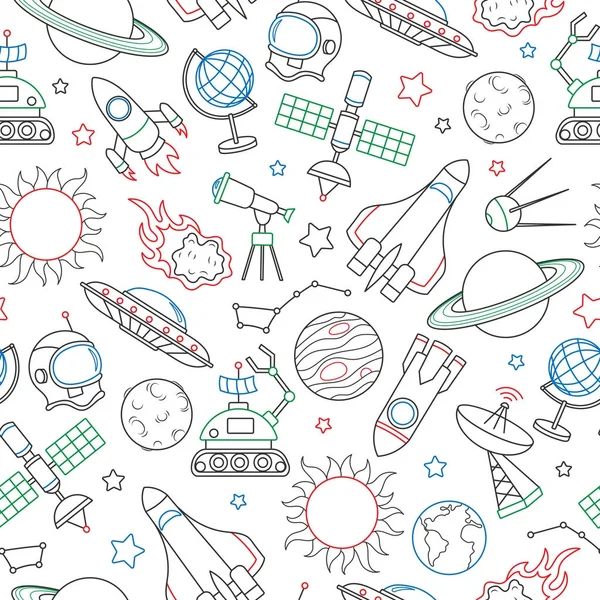 Naadloze patroon op het thema van de ruimte en ruimtevaart, pictogrammen getekend met gekleurde markering op witte achtergrond — Stockvector