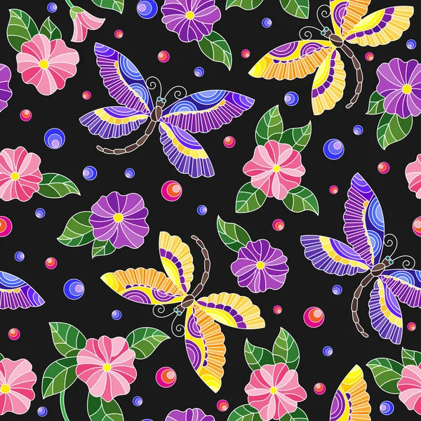 Seamless pattern with colorful dragonflies and flowers on a dark background — Stock Vector