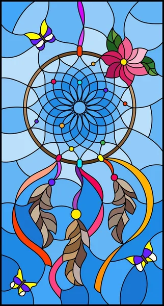 Ілюстрація у вітражному стилі з ловцем снів та метеликами на фоні неба — стоковий вектор