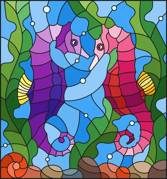 Εικονογράφηση στο λεκιασμένο γυαλί στυλ με ένα ζευγάρι των ψαριών seahors — Διανυσματικό Αρχείο