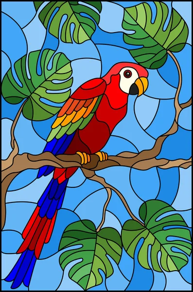Ilustración en estilo vidriera pájaro periquito en rama árbol tropical contra el cielo — Archivo Imágenes Vectoriales
