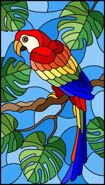 Ilustracja w witraże stylu ptak nizinna na tropikalne drzewo gałąź przeciwko niebo — Wektor stockowy
