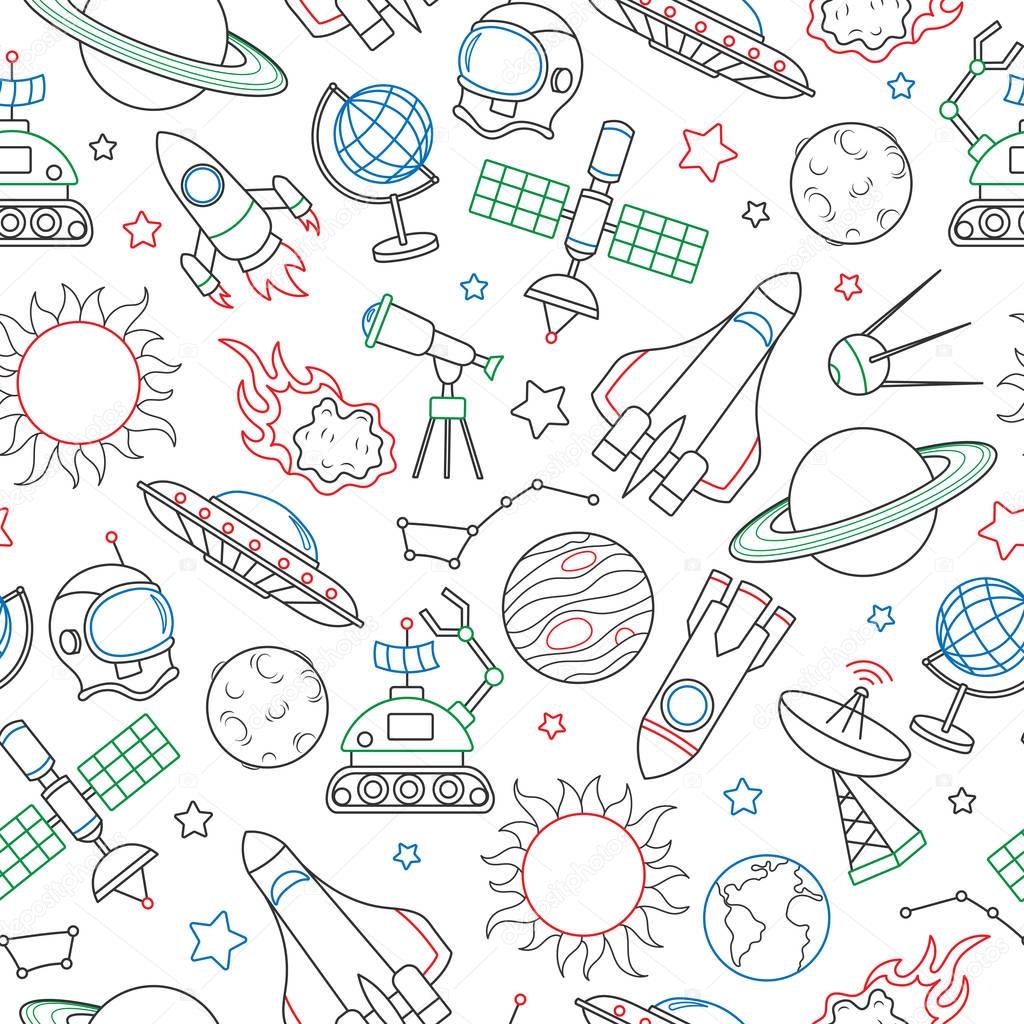 Seamless pattern on the theme of space and space flight, icons drawn with colored marker on white background