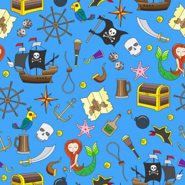 Korsanlık ve Denizcilik konunun sorunsuz illüstrasyon mavi arka plan üzerinde renk simgeleri seyahat
