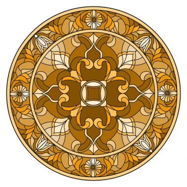 Boyalı cam tarzında bir resim, çiçek süsleri ve girdaplı yuvarlak ayna görüntüsü, kahverengi ton, sepia 