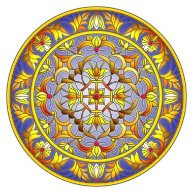 Vitray stil, ayna görüntüsü ile çiçek süs eşyaları ve swirls koyu arka plan üzerinde yuvarlak resimde 