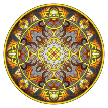 Vitray stil, ayna görüntüsü ile çiçek süs eşyaları ve swirls koyu arka plan üzerinde yuvarlak resimde 