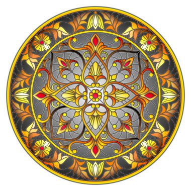 Vitray stil, ayna görüntüsü ile çiçek süs eşyaları ve swirls koyu arka plan üzerinde yuvarlak resimde 