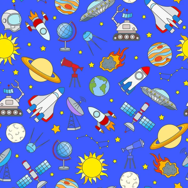Patrón sin costuras en el tema del espacio y los iconos de color de viaje espacial sobre fondo azul — Archivo Imágenes Vectoriales
