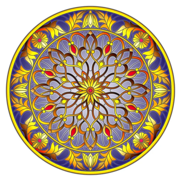 Illustration i målat glas stil, runda spegelbild med blommig ornament och virvlar på mörk bakgrund — Stock vektor