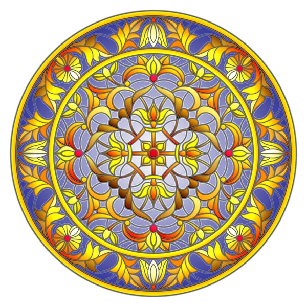 Иллюстрация в стиле витража, круглое зеркальное изображение с цветочными орнаментами и вихрями на темном фоне — стоковый вектор