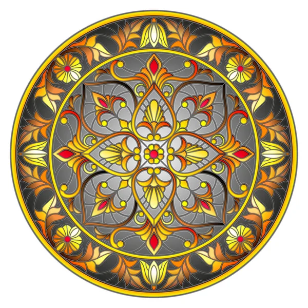 彩色玻璃风格的插图, 在深色背景上有花饰和漩涡的圆形镜面图像 — 图库矢量图片