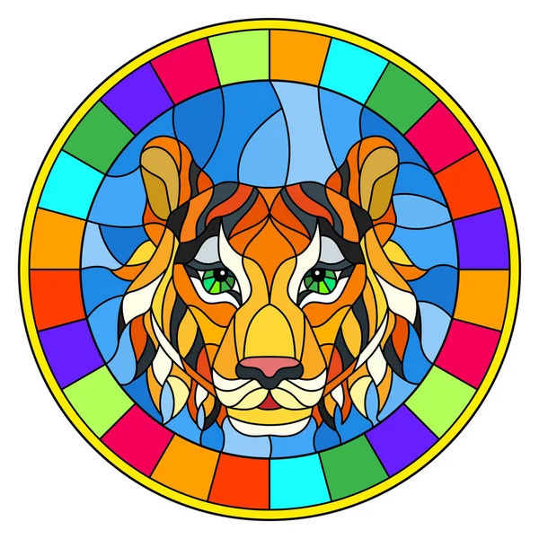 Ilustrace v vitráže stylu malby s tygří hlavou, kruhový obraz s hledáčku — Stockový vektor