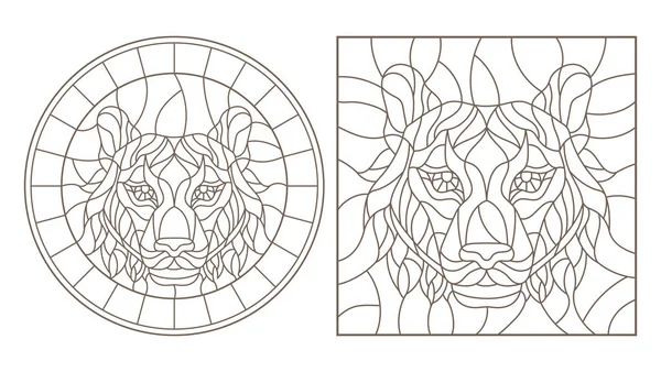 Conjunto de ilustraciones de contorno de vidrieras con cabeza de tigre, imagen redonda y cuadrada, contornos oscuros sobre fondo blanco — Vector de stock