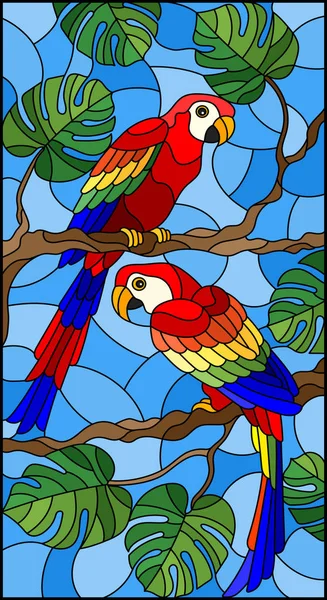 Ilustración en estilo vidriera con par de pájaros periquito en rama árbol tropical contra el cielo — Vector de stock