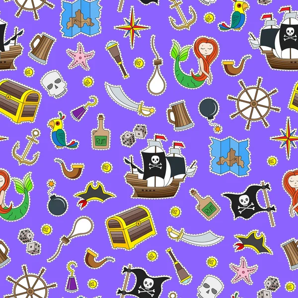 Ilustración sin fisuras del tema de la piratería y los iconos del parche de color de los viajes marítimos sobre fondo azul — Vector de stock