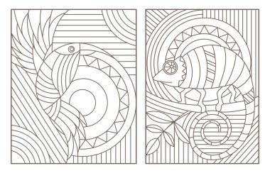 Vitray Windows bir kuş ve bir bukalemun, beyaz zemin üzerine koyu kontür geometrik görüntü hayvan, kontur çizimleri ayarla