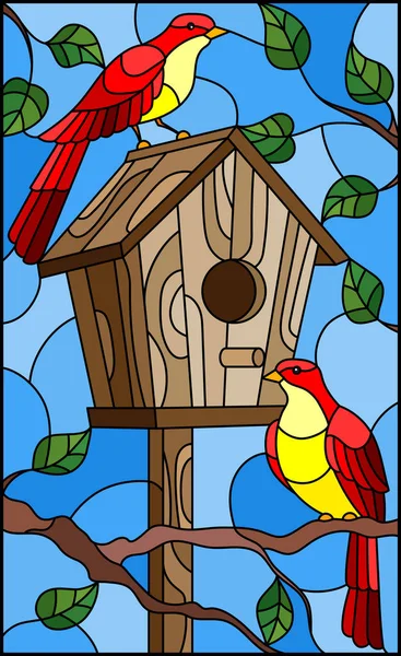 Illustration en style vitrail avec une paire d'oiseaux rouge vif et un nichoir sur fond de branches d'arbres et de ciel — Image vectorielle