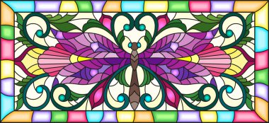 Illustration in stained glass style with bright dragonfly and floral ornament on a yellow background in a bright frame clipart