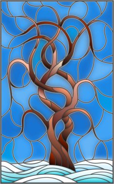 İllüstrasyon kar ile gökyüzü arka plan üzerinde kış ağacıyla vitray tarzında