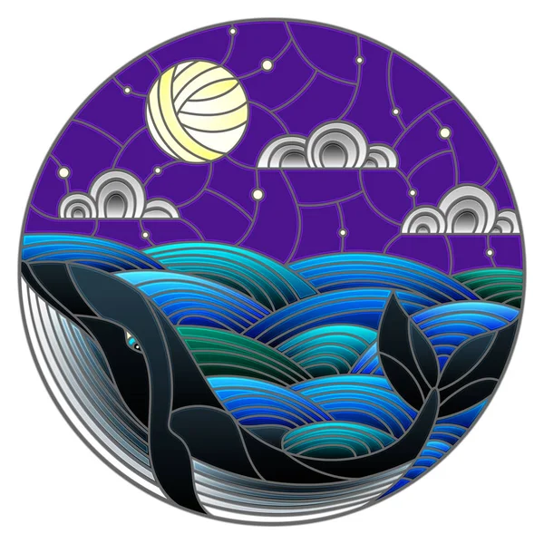 Illustration en forme de vitrail baleine dans les vagues, ciel étoilé, lune et nuages, image ronde — Image vectorielle