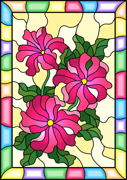 Illustration en vitrail avec trois fleurs rose vif de Petunia, bourgeons et feuilles sur fond jaune dans un cadre — Image vectorielle