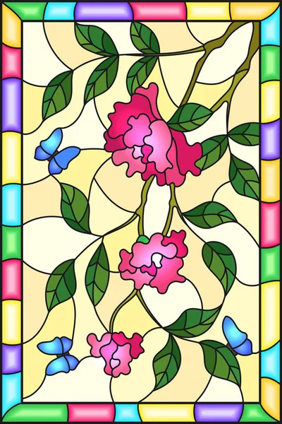 Illustration im Glasmalereistil mit Blumen, Blättern von rosa Rose und blauen Schmetterlingen auf gelbem Hintergrund in einem Rahmen — Stockvektor