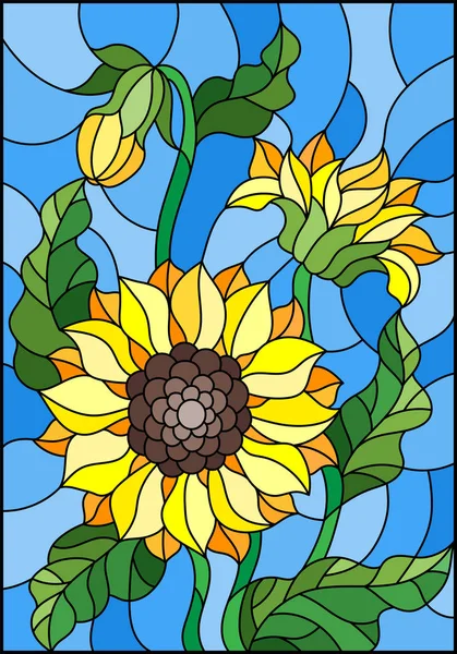 Ilustração em estilo vitral com um buquê de girassóis, flores, botões e folhas da flor no fundo azul — Vetor de Stock