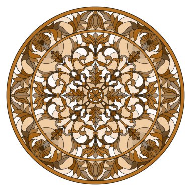 Boyalı cam tarzında bir resim, çiçek süsleri ve girdaplı yuvarlak ayna görüntüsü, kahverengi ton, sepia 