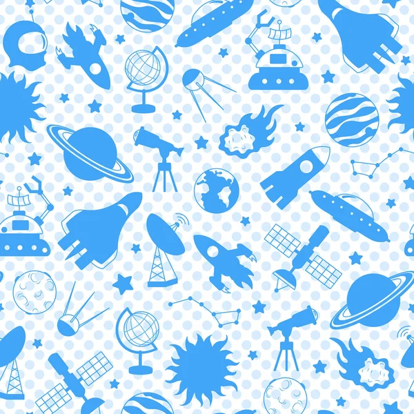 Padrão sem costura sobre o tema do espaço e viagens espaciais, silhuetas azuis ícones em um fundo azul bolinhas ponto — Vetor de Stock