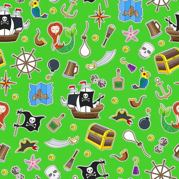 Illustration sans couture du thème de la piraterie et des icônes de couleur de voyage maritime sur fond vert — Image vectorielle