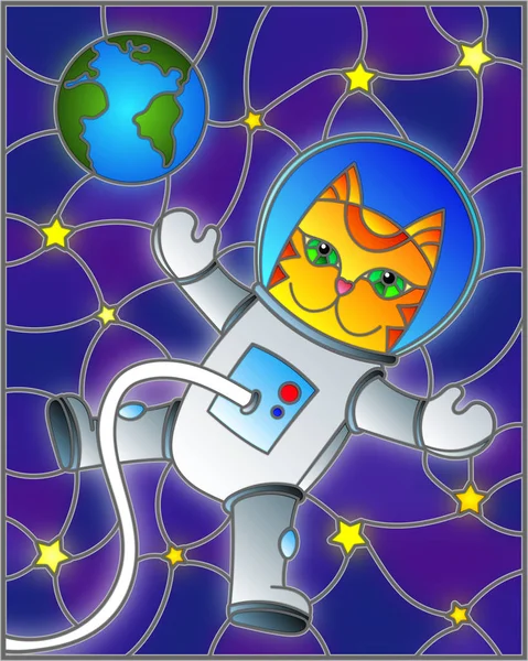 Illustration in stained glass style with cartoon funny cat astronaut on the background of the cosmos, stars and earth — Stock Vector
