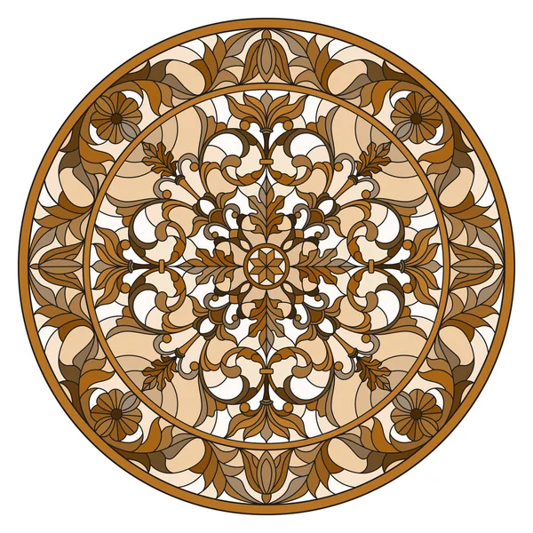 Иллюстрация в стиле витража, круглое зеркальное изображение с цветочными орнаментами и вихрями, коричневый тон, сепия — стоковый вектор