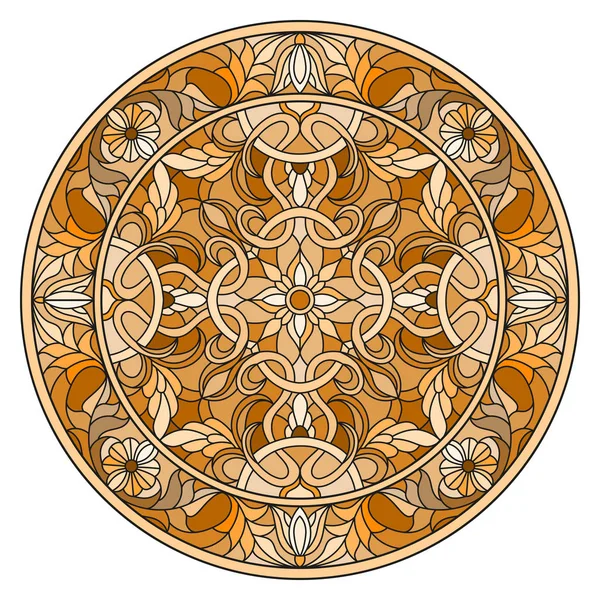 Иллюстрация в стиле витража, круглое зеркальное изображение с цветочными орнаментами и вихрями, коричневый тон, сепия — стоковый вектор