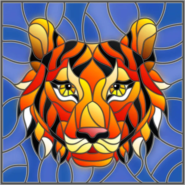 Η εικόνα στο λεκιασμένο γυαλί Ζωγραφική στυλ με ένα κεφάλι τίγρης σε μπλε φόντο, τετράγωνη εικόνα — Διανυσματικό Αρχείο