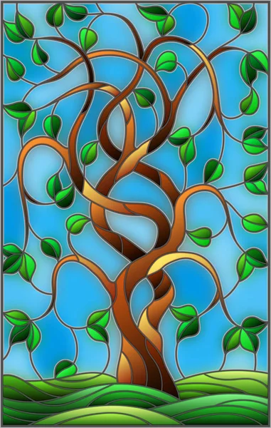 空を背景に緑の木をツイスト ステンド グラス風イラスト — ストックベクタ