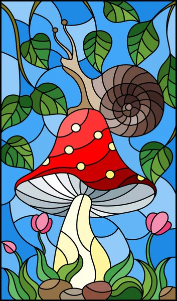 Illustratie bij gebrandschilderd glas stijl Lymnaea op de paddenstoel op de achtergrond takken met bladeren, gras en lucht — Stockvector