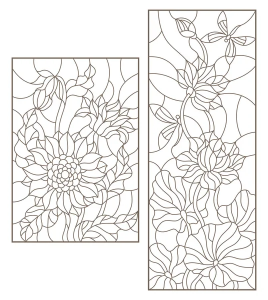 Conjunto de ilustraciones de vidrieras con flores, girasoles y flores de loto con libélulas, contorno oscuro sobre fondo blanco — Vector de stock