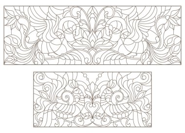 Vitray soyut çiçekler ve kuşlar ve beyaz zemin üzerine koyu anahat ile set kontur çizimleri