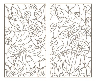 Beyaz bir arka plan üzerinde mantar, karanlık anahat vitray stil salyangoz kontur illüstrasyonlar ayarla