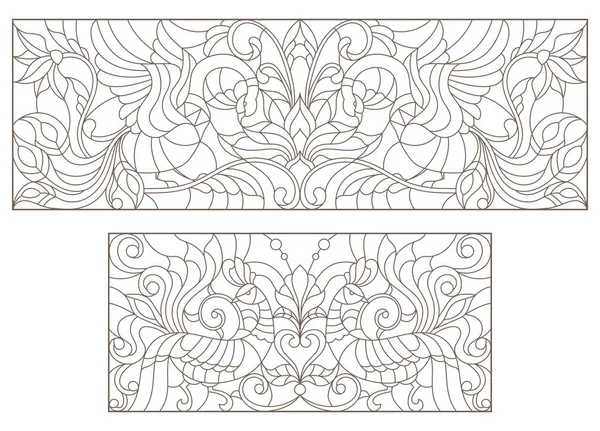 흰색 배경에 추상적인 꽃과 새와 어두운 개요와 스테인드 글라스의 윤곽 그림을 설정 — 스톡 벡터