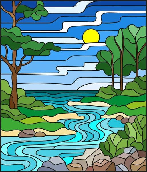 Ilustrace v vitráže stylu krajiny, meandrující řeky na pozadí zelených březích stromů na pozadí oblohy a slunce — Stockový vektor